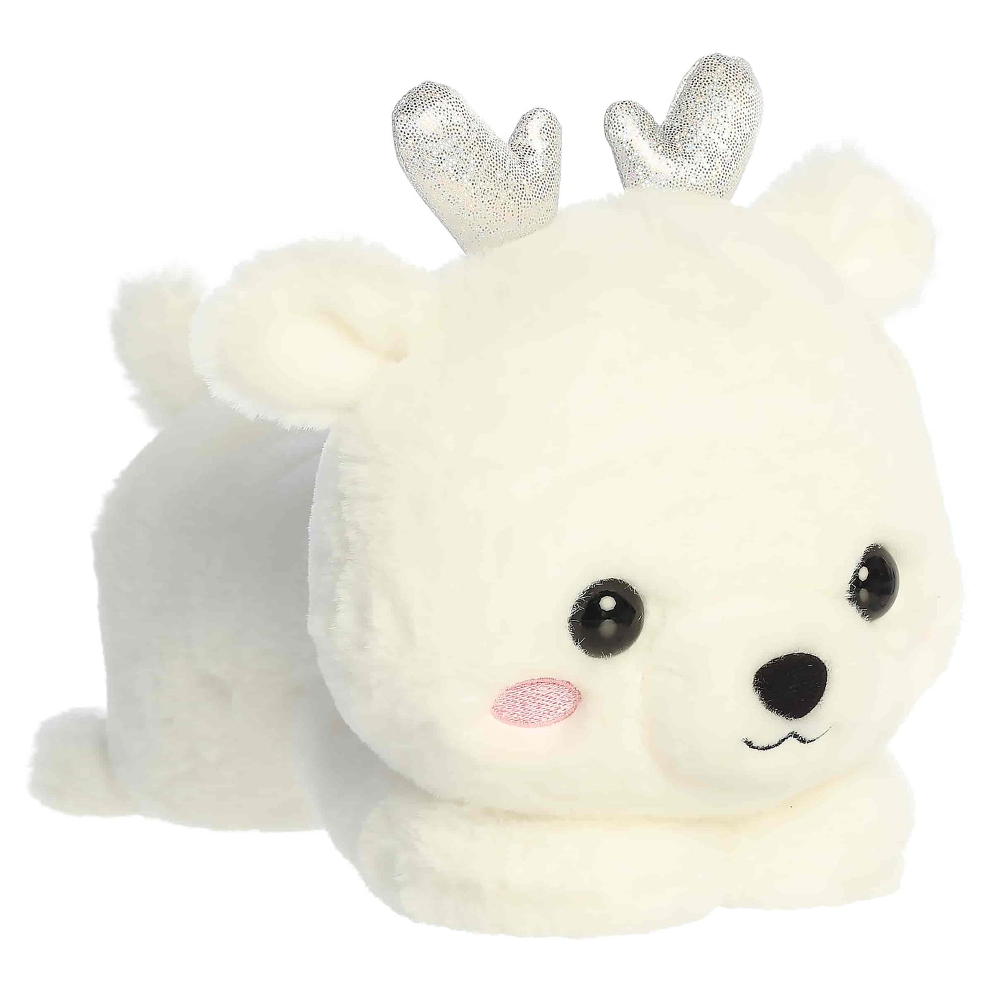 Aurora Too Cute Crystal Deer plush lying belly-down featuring soft snowy white fur, pink cheeks, and shimmering silver ice crystal antlers.
