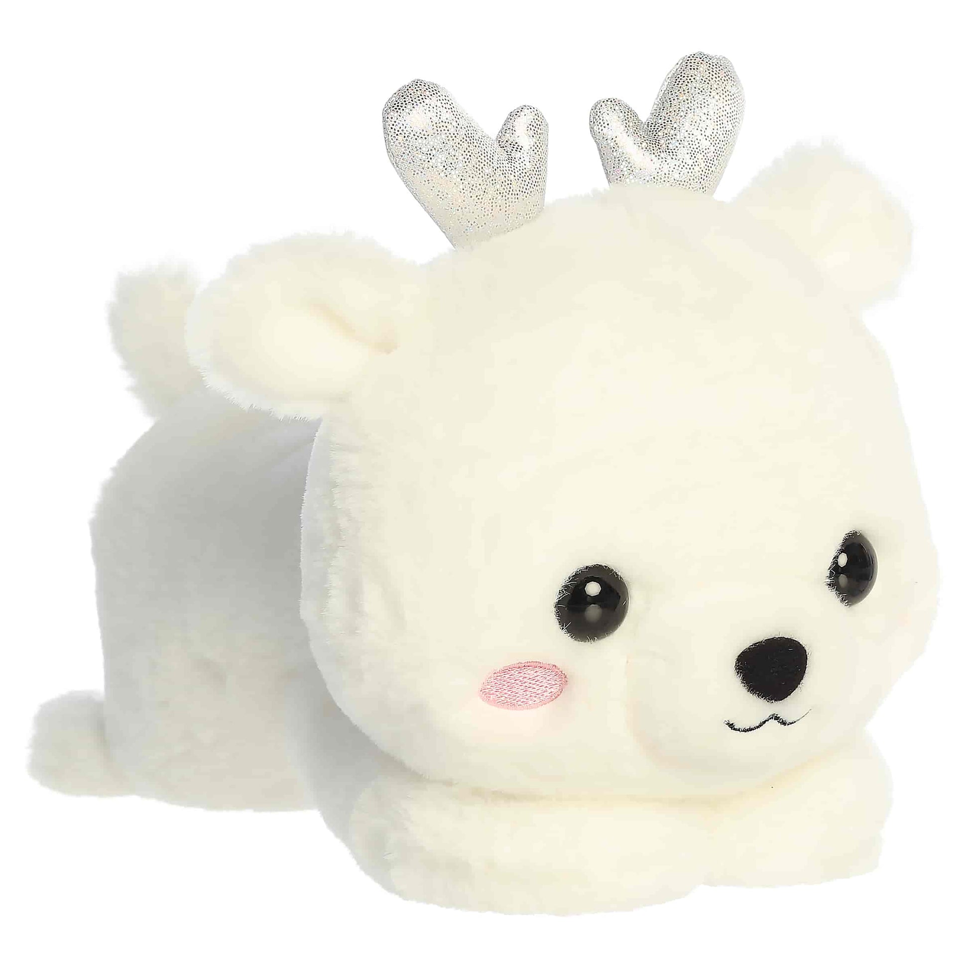 Aurora Too Cute Crystal Deer plush lying belly-down featuring soft snowy white fur, pink cheeks, and shimmering silver ice crystal antlers.