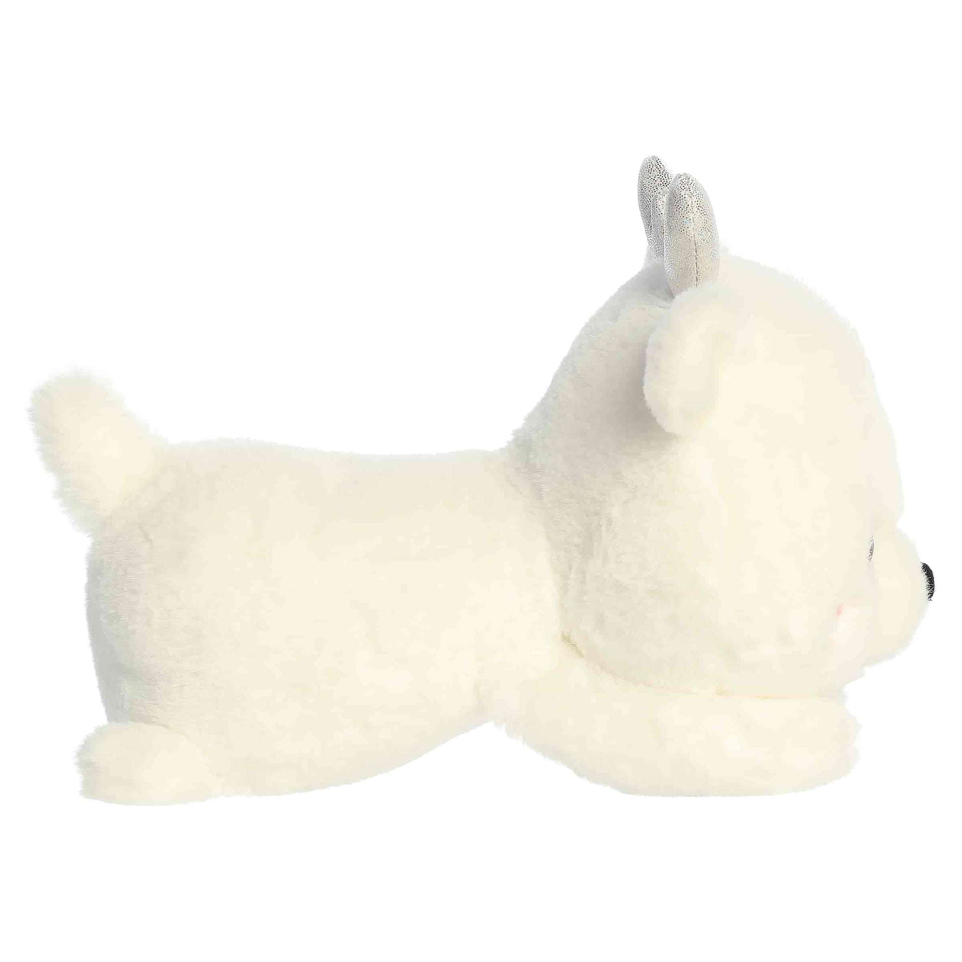Aurora Too Cute Crystal Deer plush lying belly-down featuring soft snowy white fur, pink cheeks, and shimmering silver ice crystal antlers.