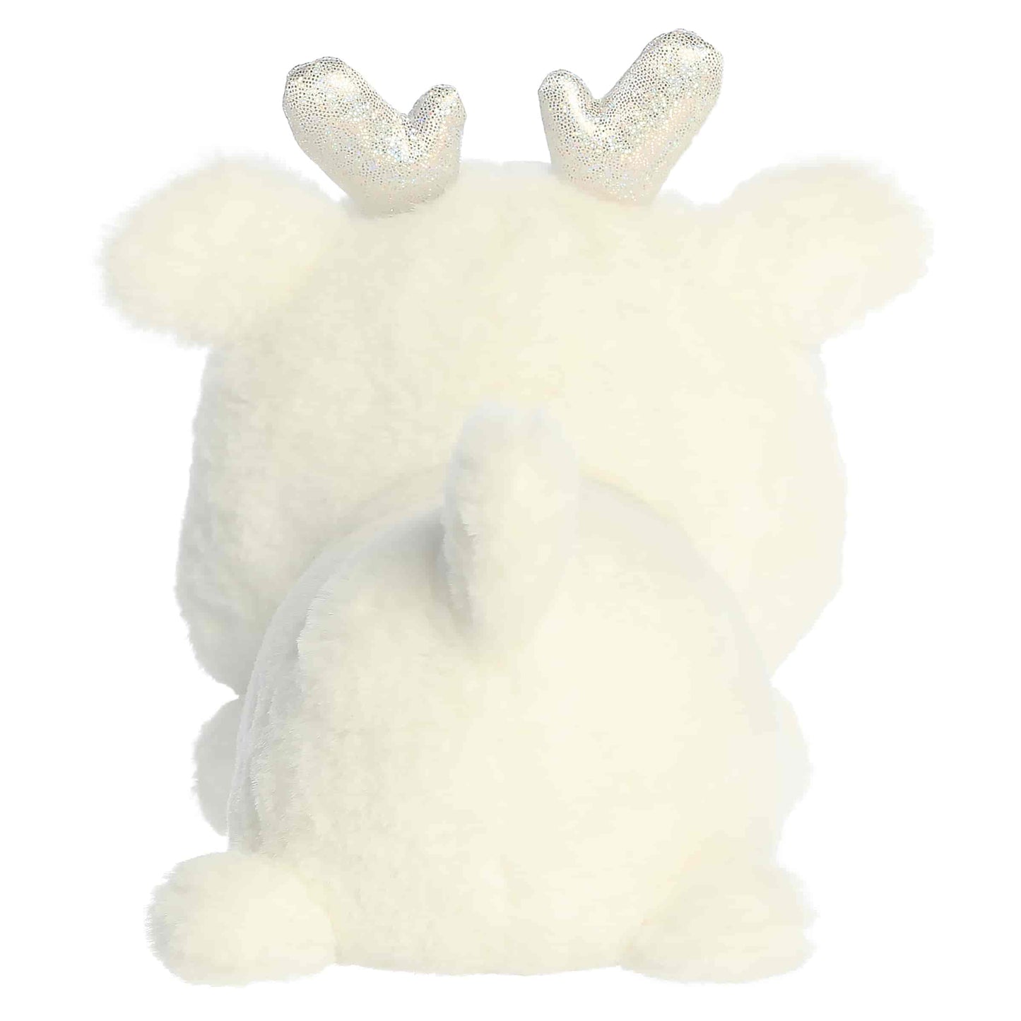 Aurora Too Cute Crystal Deer plush lying belly-down featuring soft snowy white fur, pink cheeks, and shimmering silver ice crystal antlers.