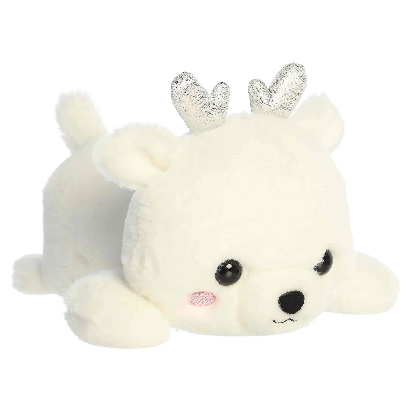 Aurora Too Cute Crystal Deer plush lying belly-down featuring soft snowy white fur, pink cheeks, and shimmering silver ice crystal antlers.