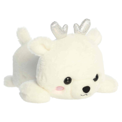 Aurora Too Cute Crystal Deer plush lying belly-down featuring soft snowy white fur, pink cheeks, and shimmering silver ice crystal antlers.