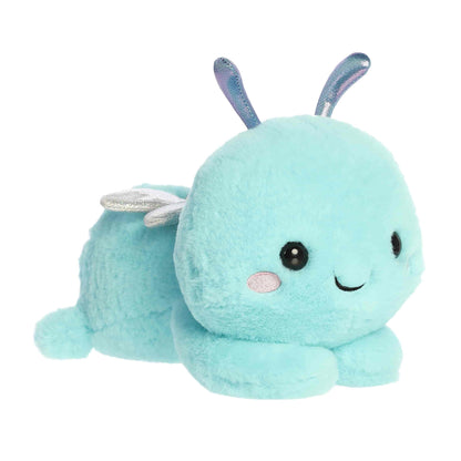 Aurora Too Cute Dani Dragonfly 9.5-inch plush, a sky blue dragonfly with sparkling silver wings lying belly down.