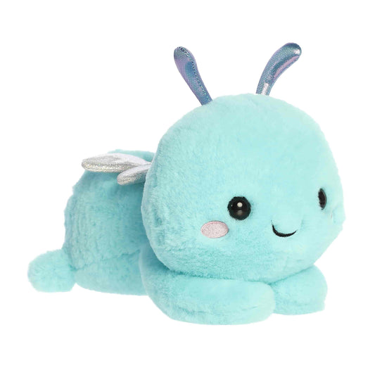 Aurora Too Cute Dani Dragonfly 9.5-inch plush, a sky blue dragonfly with sparkling silver wings lying belly down.