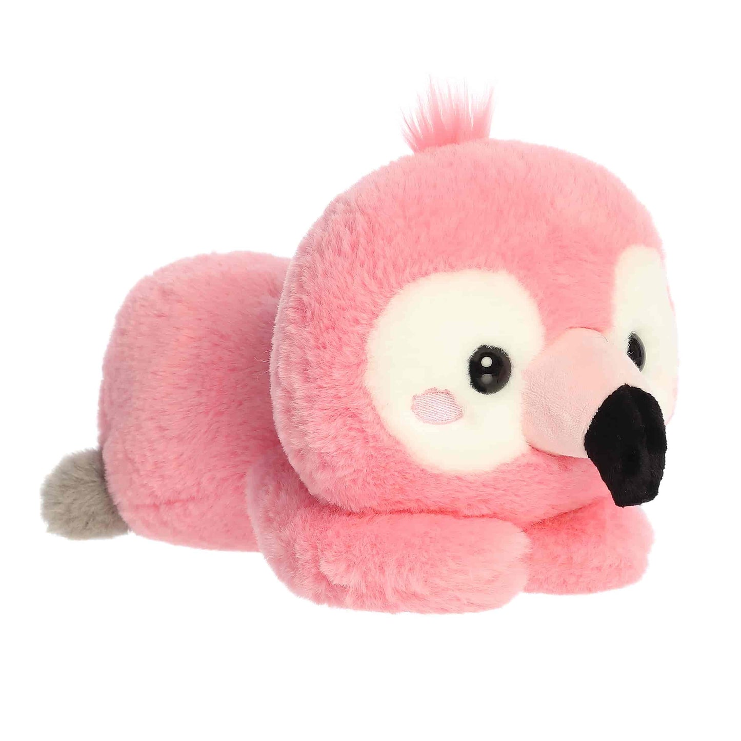 Aurora Too Cute Flori Flamingo 11.5-inch plush, a pastel pink flamingo with a plush beak lying belly down.