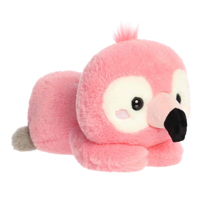 Aurora Too Cute Flori Flamingo 11.5-inch plush, a pastel pink flamingo with a plush beak lying belly down.