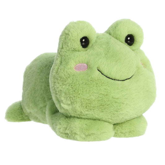 A product photo of the 9-inch Aurora Too Cute Fovo Frog plush, a green frog, shown lying belly-down with its paws sprawled out on a white background.