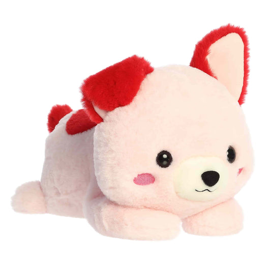 Product view of Aurora Too Cute Paige Puppy plush, a pink dog lying down with red ears and a heart patch on its back.