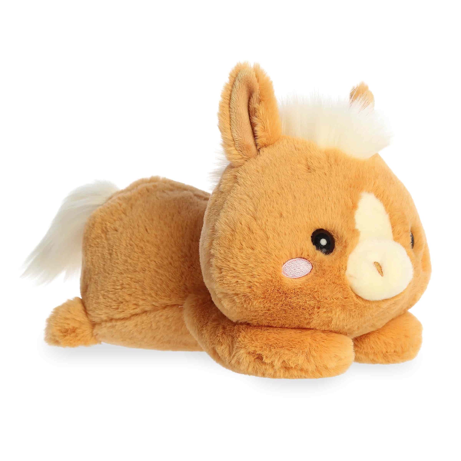 Product view of Aurora Too Cute Polli Palomino plush horse featuring golden tan fur, a white mane, and lying down pose.