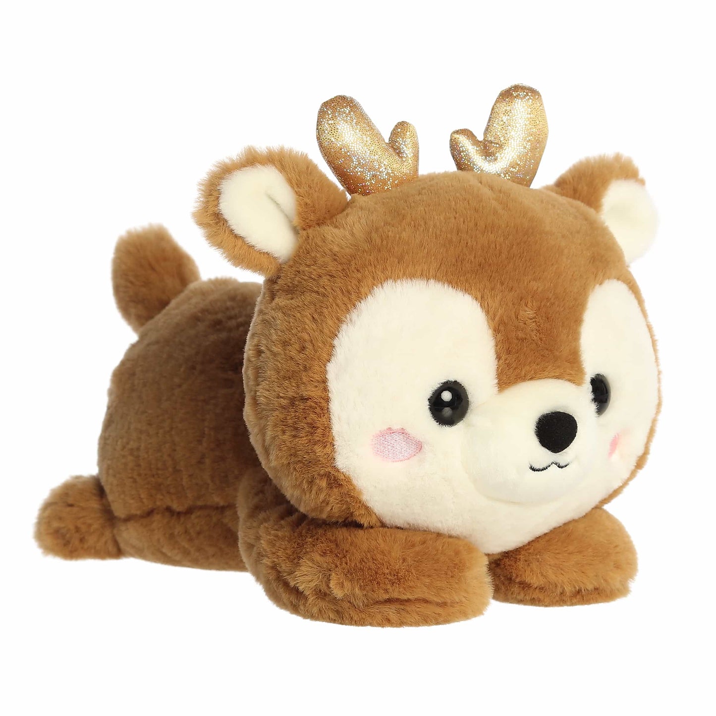Aurora Too Cute Rene Reindeer plush lying belly-down featuring soft brown fur, a white muzzle, rosy cheeks, and shimmering gold glitter antlers.