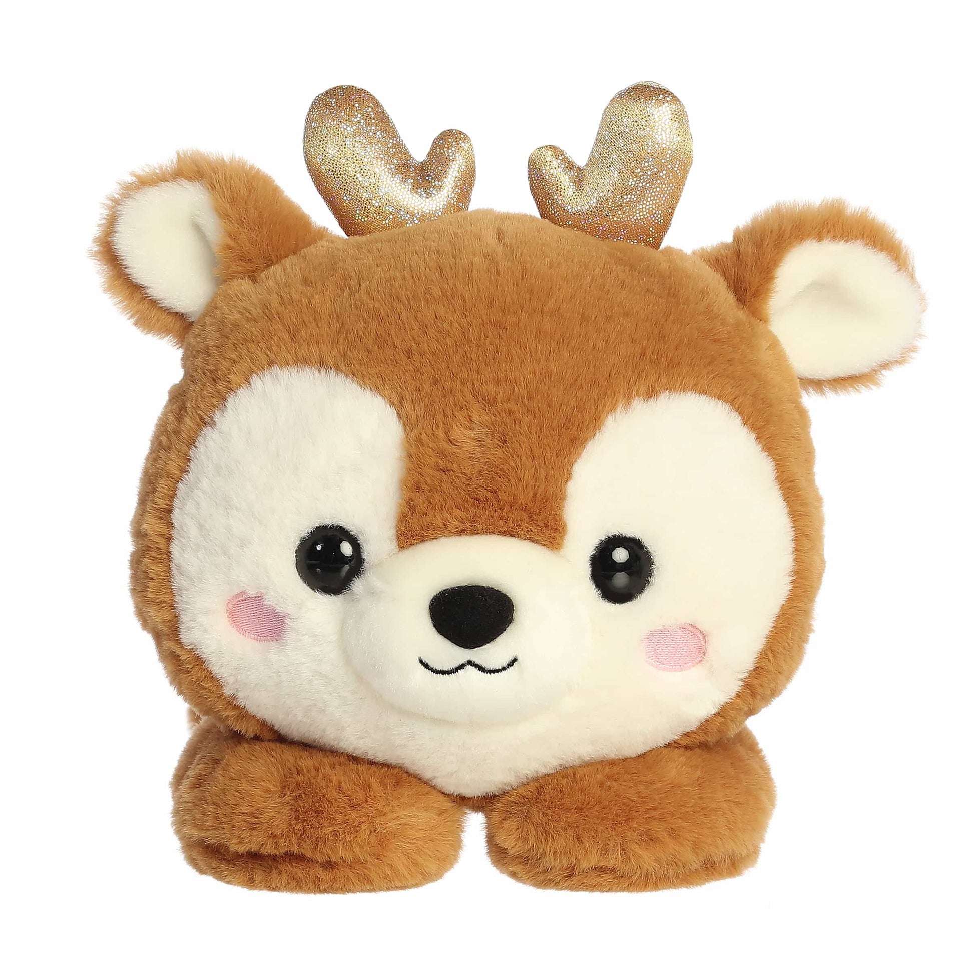 Aurora Too Cute Rene Reindeer plush lying belly-down featuring soft brown fur, a white muzzle, rosy cheeks, and shimmering gold glitter antlers.