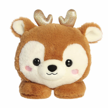 Aurora Too Cute Rene Reindeer plush lying belly-down featuring soft brown fur, a white muzzle, rosy cheeks, and shimmering gold glitter antlers.