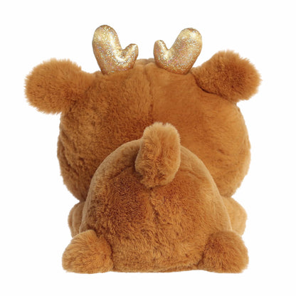 Aurora Too Cute Rene Reindeer plush lying belly-down featuring soft brown fur, a white muzzle, rosy cheeks, and shimmering gold glitter antlers.