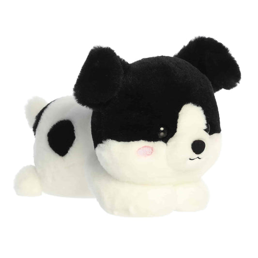 Aurora Too Cute Snorkels Puppy 10.5-inch plush, a black and white puppy with floppy ears lying belly down.