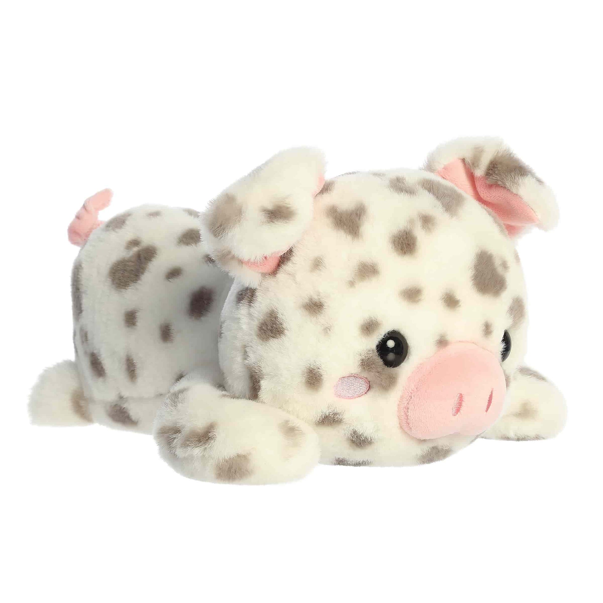 Angled view of Aurora Too Cute Spence Spotted Pig plush
