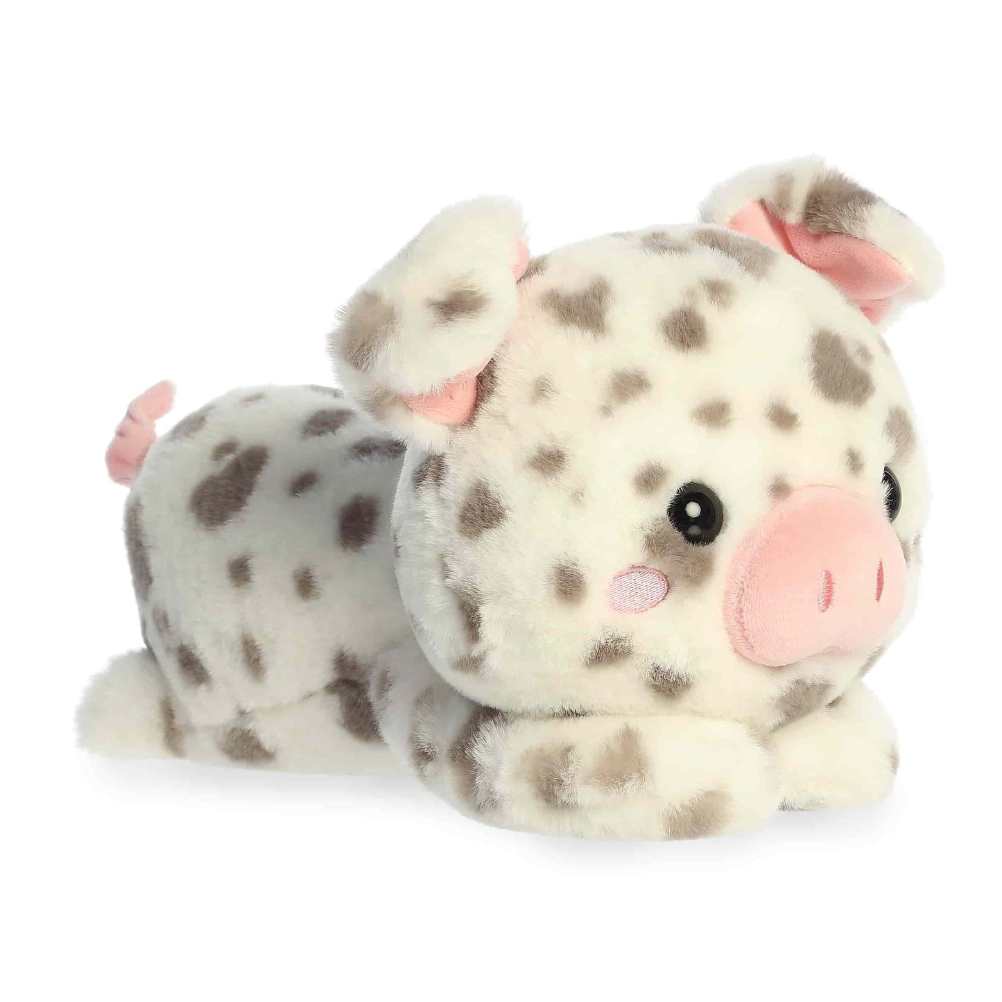 Product view of Aurora Too Cute Spence Spotted Pig plush featuring white fur with grey spots and a curly pink tail.