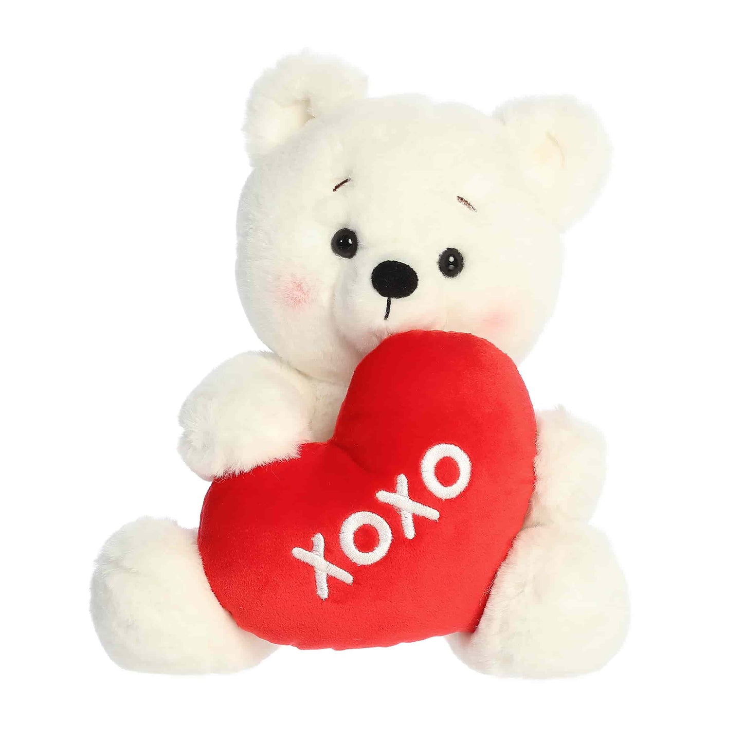 Product view of Aurora Valentine Beary Sweet Bear plush, a white teddy bear holding a red heart that says XOXO.