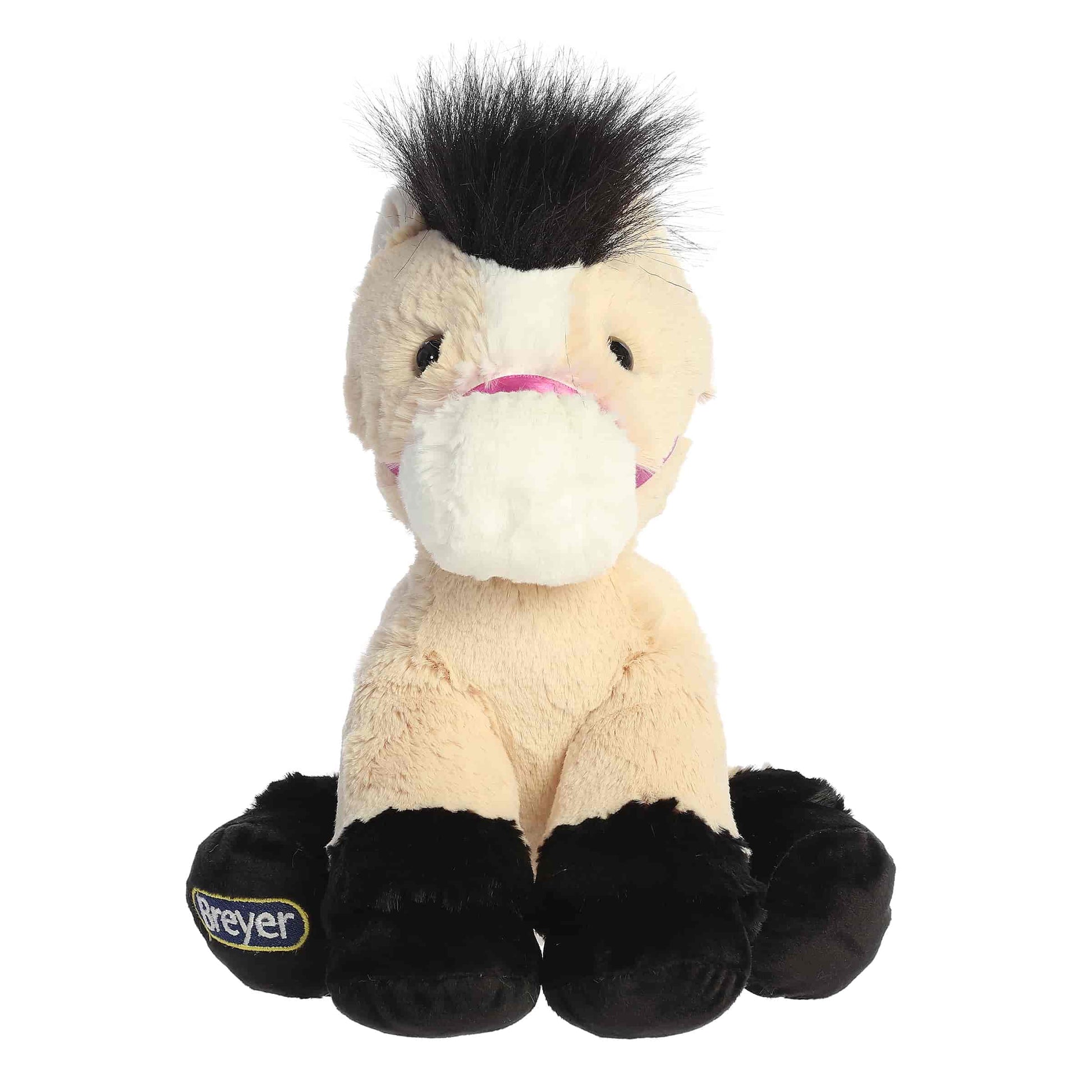 Aurora World Breyer Bridle Buddies Buckskin Horse 8-Inch plush featuring tan coat, black mane, and purple halter.