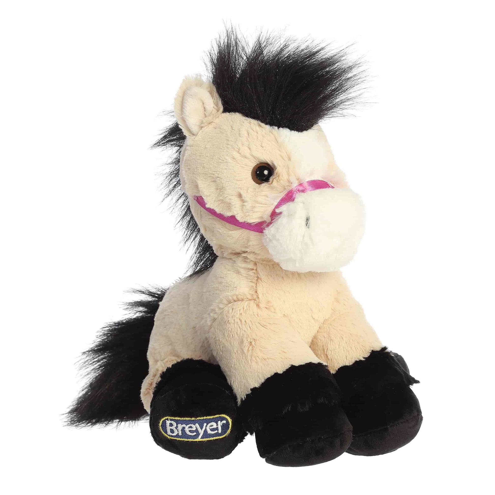 Aurora World Breyer Bridle Buddies Buckskin Horse 8-Inch plush featuring tan coat, black mane, and purple halter.