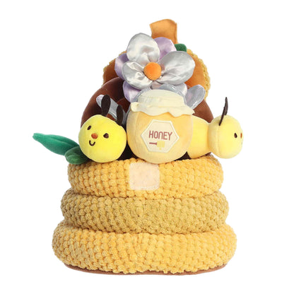 Aurora World Ebba Baby Talk My Beehive Friends plush set featuring beehive carrier, buzzing and squeaking bees, crinkle flower, and rattle honeypot.