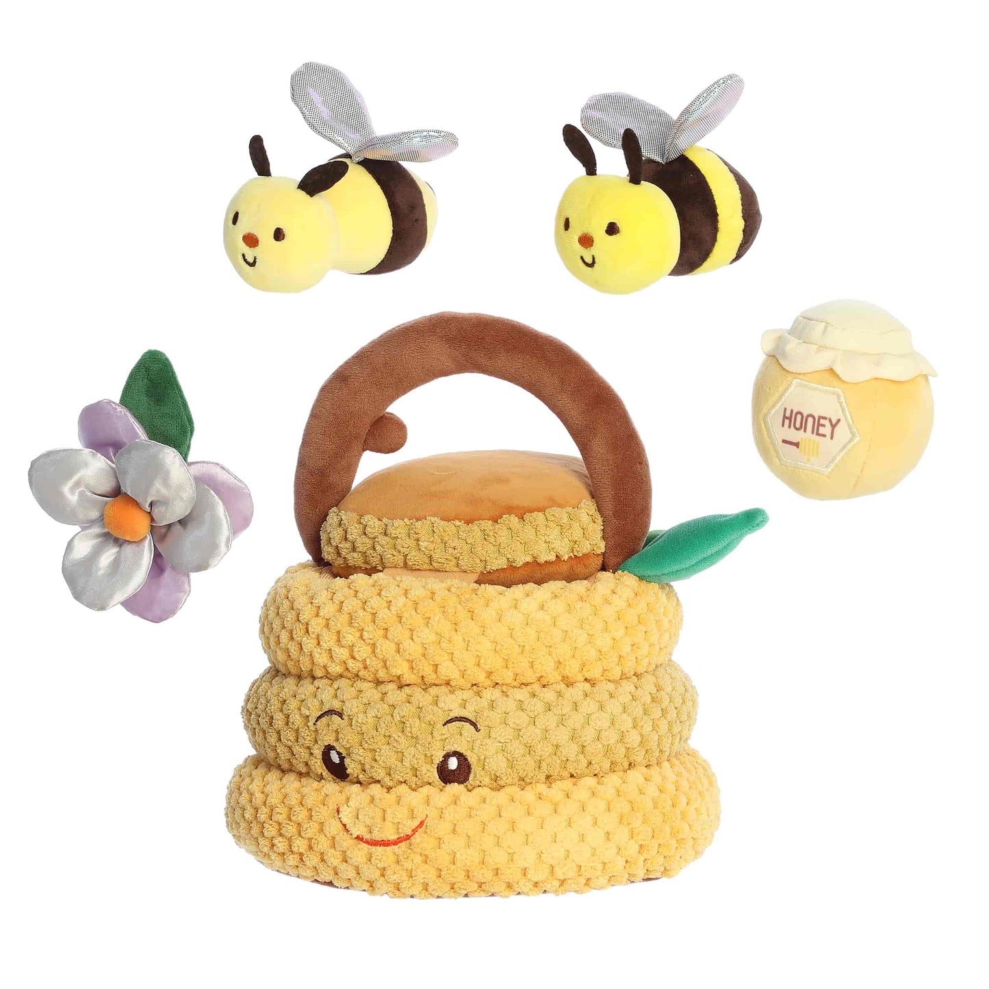 Aurora World Ebba Baby Talk My Beehive Friends plush set featuring beehive carrier, buzzing and squeaking bees, crinkle flower, and rattle honeypot.