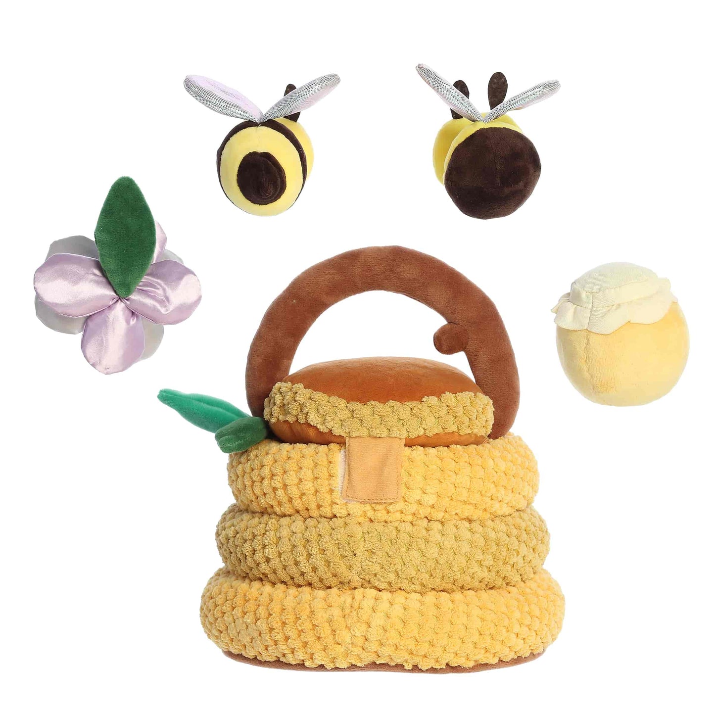 Aurora World Ebba Baby Talk My Beehive Friends plush set featuring beehive carrier, buzzing and squeaking bees, crinkle flower, and rattle honeypot.
