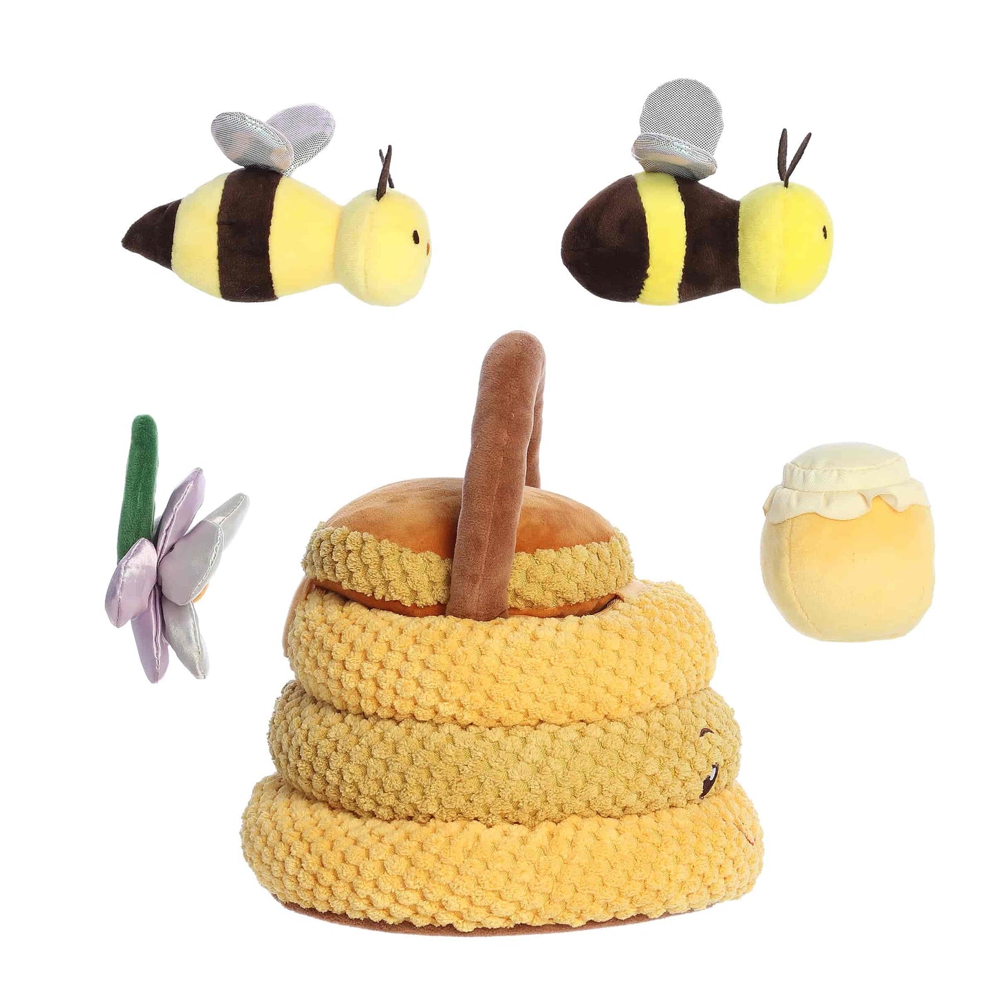 Aurora World Ebba Baby Talk My Beehive Friends plush set featuring beehive carrier, buzzing and squeaking bees, crinkle flower, and rattle honeypot.