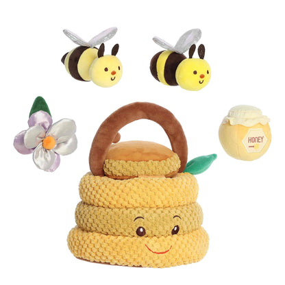 Aurora World Ebba Baby Talk My Beehive Friends plush set featuring beehive carrier, buzzing and squeaking bees, crinkle flower, and rattle honeypot.