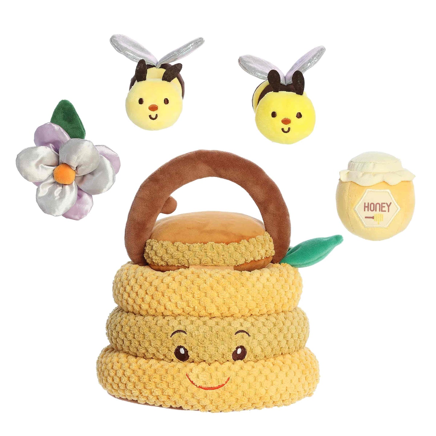 Aurora World Ebba Baby Talk My Beehive Friends plush set featuring beehive carrier, buzzing and squeaking bees, crinkle flower, and rattle honeypot.
