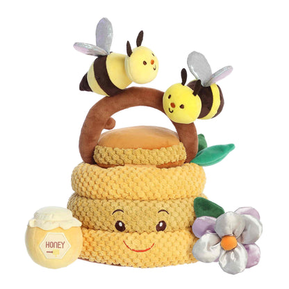 Aurora World Ebba Baby Talk My Beehive Friends plush set featuring beehive carrier, buzzing and squeaking bees, crinkle flower, and rattle honeypot.