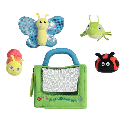 Aurora World Ebba Baby Talk My Critter Keeper plush set featuring mesh carrier, crinkle butterfly, rattle caterpillar and ladybug, and boing sound cricket.