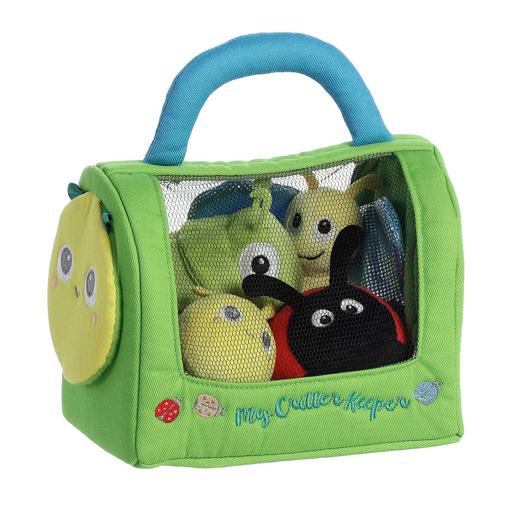 Aurora World Ebba Baby Talk My Critter Keeper plush set featuring mesh carrier, crinkle butterfly, rattle caterpillar and ladybug, and boing sound cricket.