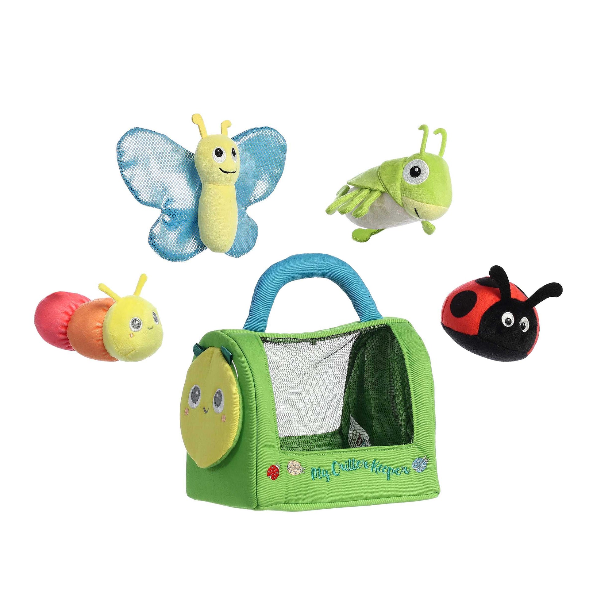 Aurora World Ebba Baby Talk My Critter Keeper plush set featuring mesh carrier, crinkle butterfly, rattle caterpillar and ladybug, and boing sound cricket.