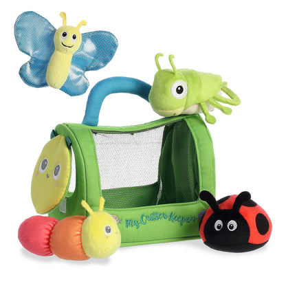 Aurora World Ebba Baby Talk My Critter Keeper plush set featuring mesh carrier, crinkle butterfly, rattle caterpillar and ladybug, and boing sound cricket.