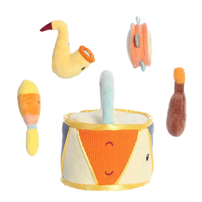 Aurora World Ebba Baby Talk My First Drum plush set featuring drum carrier, squeaking tambourine, crinkle guitar, and rattle maraca.
