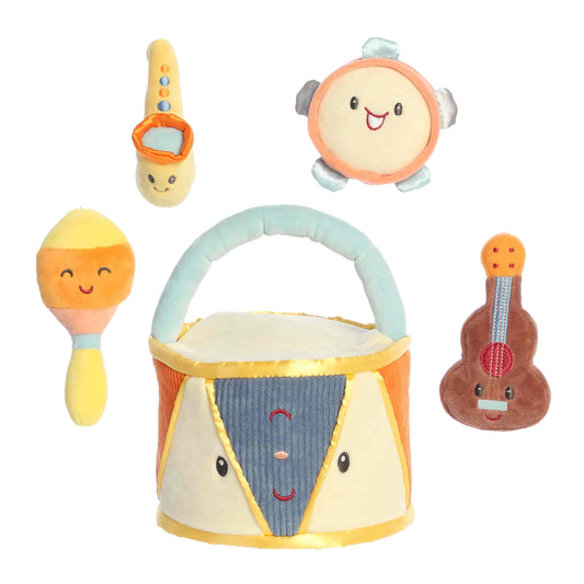 Aurora World Ebba Baby Talk My First Drum plush set featuring drum carrier, squeaking tambourine, crinkle guitar, and rattle maraca.