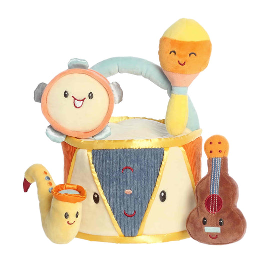 Aurora World Ebba Baby Talk My First Drum plush set featuring drum carrier, squeaking tambourine, crinkle guitar, and rattle maraca.