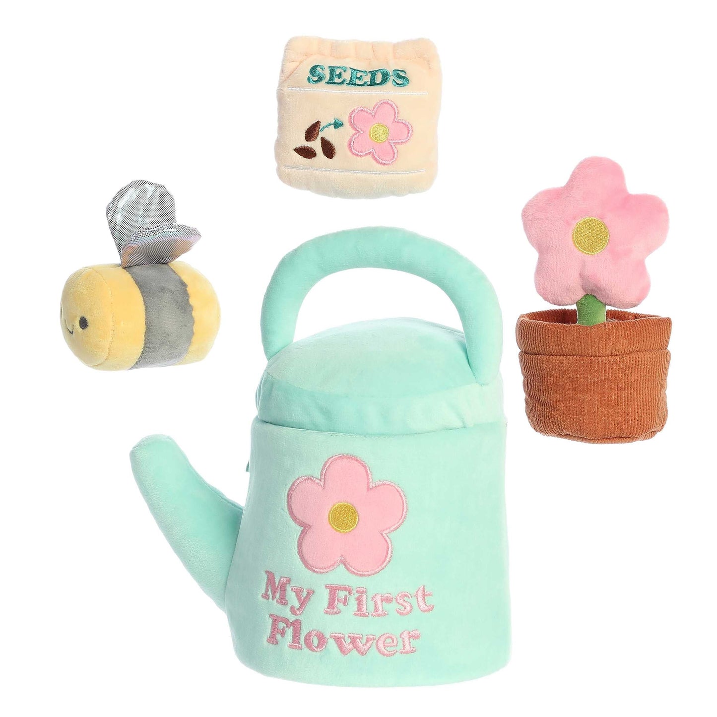 Aurora World Ebba Baby Talk My First Flower plush set featuring watering can carrier, sparkling bee, crinkle flower pot, and rattle seeds.