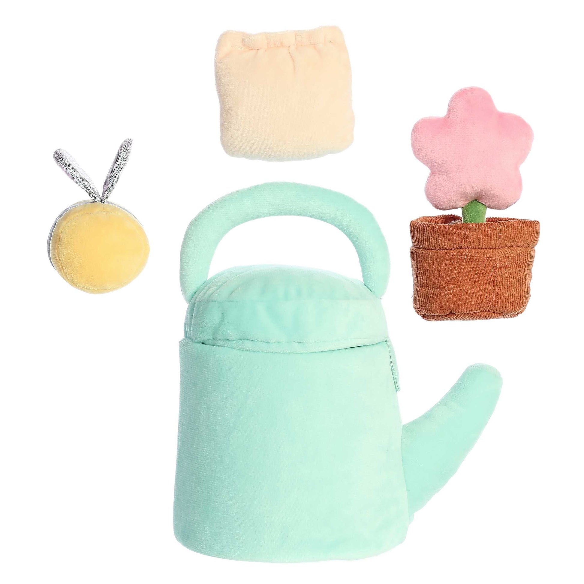 Aurora World Ebba Baby Talk My First Flower plush set featuring watering can carrier, sparkling bee, crinkle flower pot, and rattle seeds.