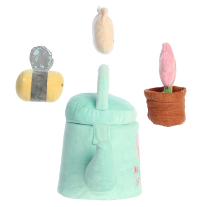 Aurora World Ebba Baby Talk My First Flower plush set featuring watering can carrier, sparkling bee, crinkle flower pot, and rattle seeds.