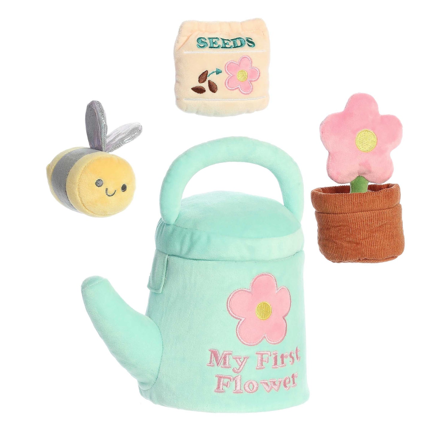 Aurora World Ebba Baby Talk My First Flower plush set featuring watering can carrier, sparkling bee, crinkle flower pot, and rattle seeds.