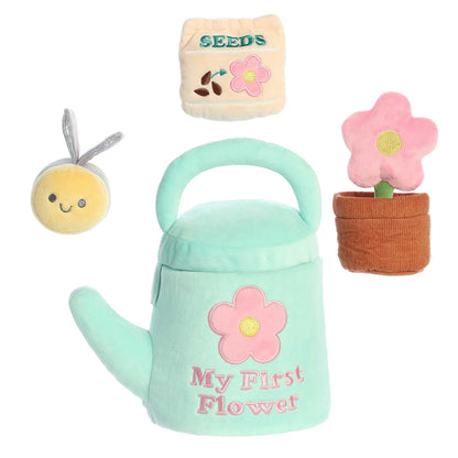Aurora World Ebba Baby Talk My First Flower plush set featuring watering can carrier, sparkling bee, crinkle flower pot, and rattle seeds.