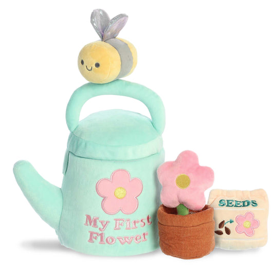 Aurora World Ebba Baby Talk My First Flower plush set featuring watering can carrier, sparkling bee, crinkle flower pot, and rattle seeds.