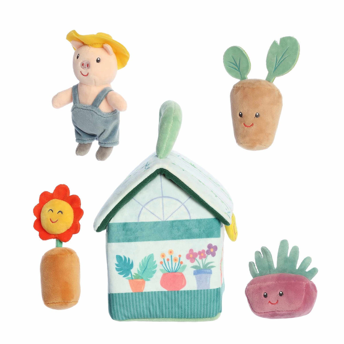 Aurora World Ebba Baby Talk My First Greenhouse plush set featuring gardening carrier, squeaking pig, rattles, and crinkle plants.