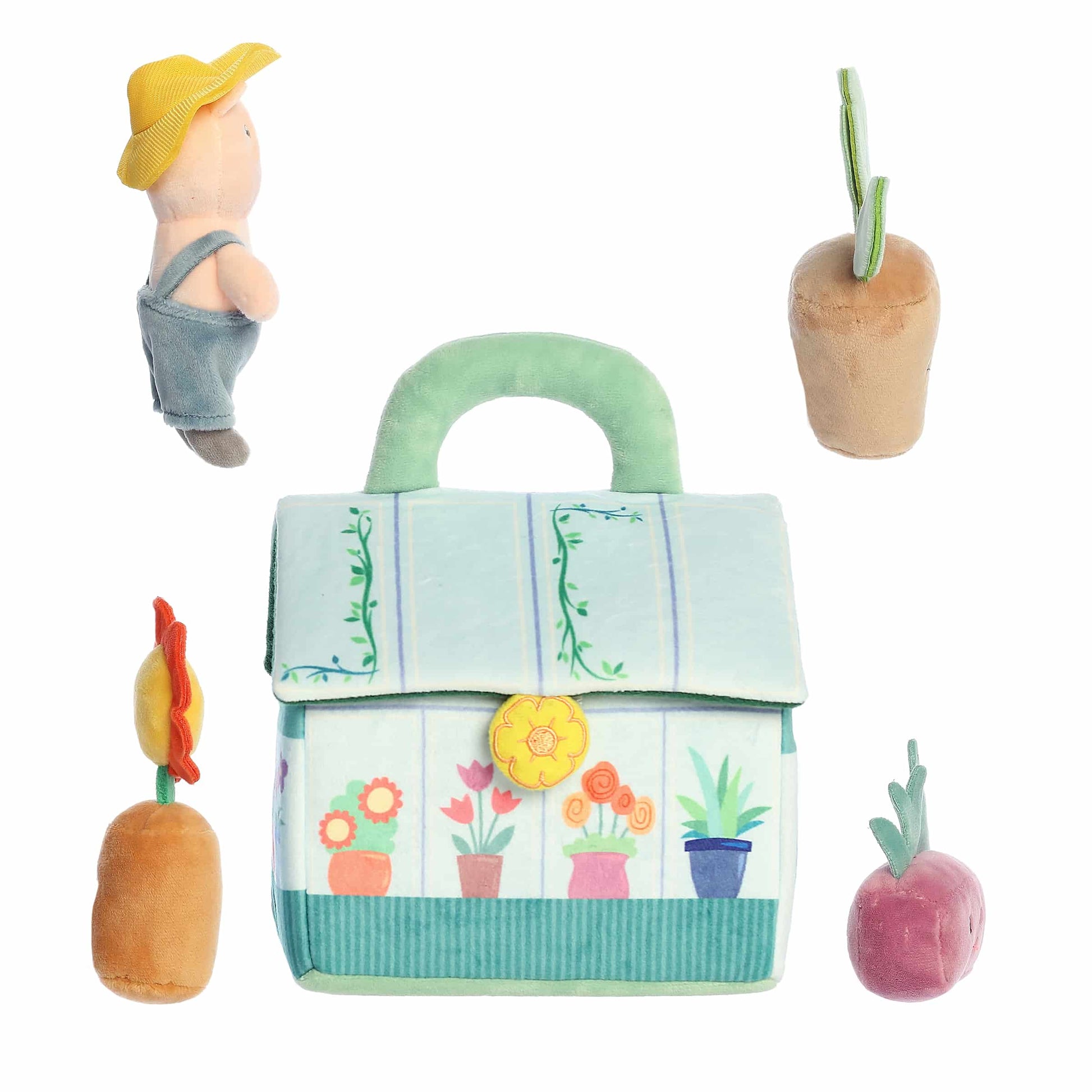 Aurora World Ebba Baby Talk My First Greenhouse plush set featuring gardening carrier, squeaking pig, rattles, and crinkle plants.
