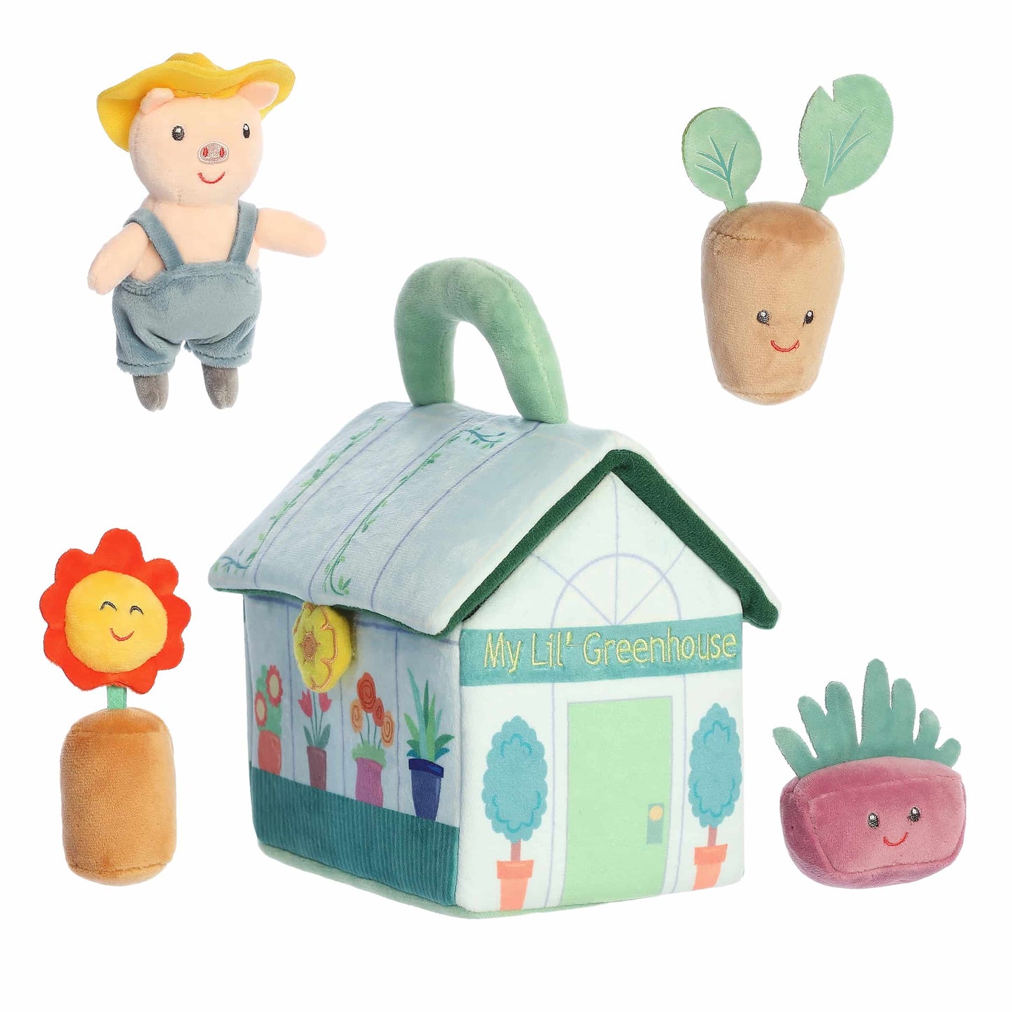 Aurora World Ebba Baby Talk My First Greenhouse plush set featuring gardening carrier, squeaking pig, rattles, and crinkle plants.