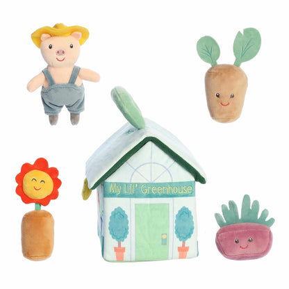 Aurora World Ebba Baby Talk My First Greenhouse plush set featuring gardening carrier, squeaking pig, rattles, and crinkle plants.