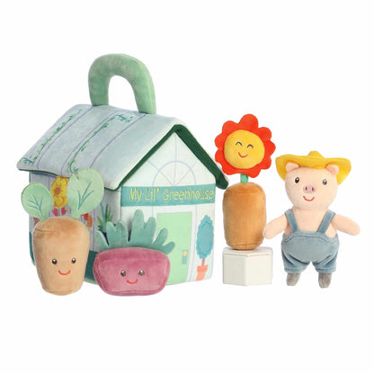 Aurora World Ebba Baby Talk My First Greenhouse plush set featuring gardening carrier, squeaking pig, rattles, and crinkle plants.