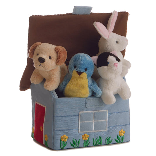 Aurora World Ebba Baby Talk My First Pet II plush set featuring pet house carrier, barking puppy, meowing kitten, rattle bunny, and squeaking bird.