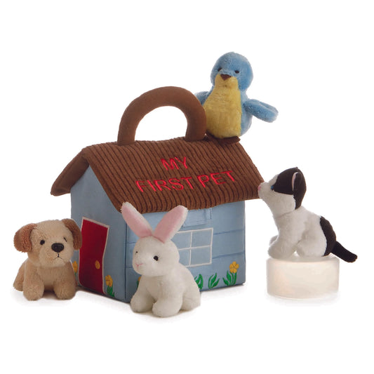 Aurora World Ebba Baby Talk My First Pet II plush set featuring pet house carrier, barking puppy, meowing kitten, rattle bunny, and squeaking bird.